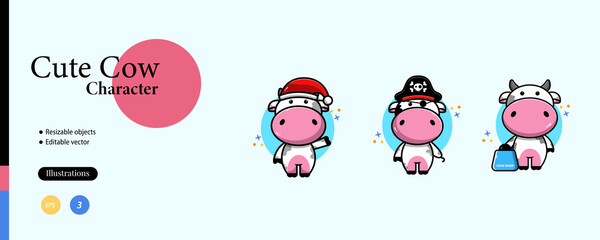 cute cow illustration set,shopping bag,pirate,christmas hat,vector eps 10