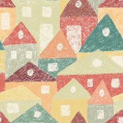 Seamless pattern with pastel colorful hand drawing house for fabric, paper, linens, textile design