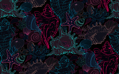 Vector seamless hand drawn pattern, isolated colorful line art of sea shells, corals and starfishes on black background. Endless texture with marine elements silhouettes.