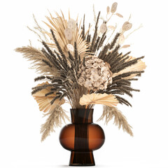 decorative bouquet of dried flowers in a vase with reeds on a white background