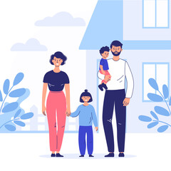 Happy married couple with children standing together outside, in front of their house. Vector illustration for home, real estate, residential area concept