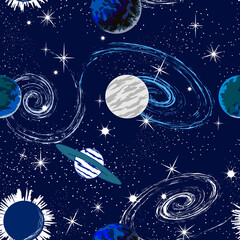 Obraz na płótnie Canvas Planets and stars in a pattern.Abstract colored background with planets and stars.