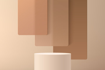 Abstract 3D beige cylinder pedestal or stand podium with brown square glass overlap layers backdrop. Brown minimal wall scene for product display presentation. Vector geometric rendering platform. - obrazy, fototapety, plakaty