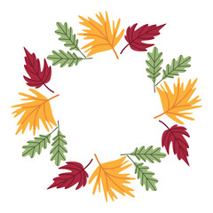 Bright autumn traditional round frame with colorful fallen leaves. Floral decorative wreath for Thanksgiving, harvest day, Halloween, seasonal holiday. Clipart, element, object, item for design