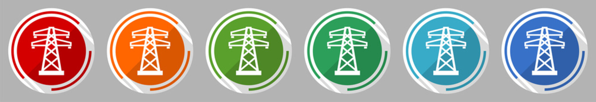 Power, Energy Tower Icon Set, Vector Illustration In 6 Colors Options For Webdesign And Mobile Applications, Flat Design Symbol