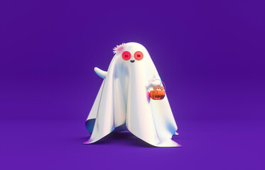 Cute 3d Halloween Ghost character holding pumpkin basket. Halloween background.