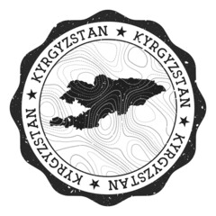 Kyrgyzstan outdoor stamp. Round sticker with map of country with topographic isolines. Vector illustration. Can be used as insignia, logotype, label, sticker or badge of the Kyrgyzstan.