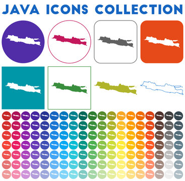 Java icons collection. Bright, colorful, trendy map icons. Modern Java badge with island map. Vector illustration.