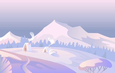 Winter mountain landscape. Vector design illustration for postcard, banner, flyer, web design development.