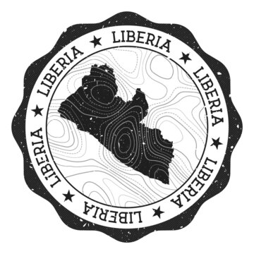 Liberia outdoor stamp. Round sticker with map of country with topographic isolines. Vector illustration. Can be used as insignia, logotype, label, sticker or badge of the Liberia.
