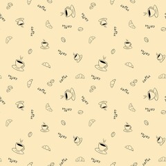 Seamless linear pattern with coffee cups, croissants and coffee beans.The illustration is drawn in the doodle style. Design for clothing fabrics and other items.