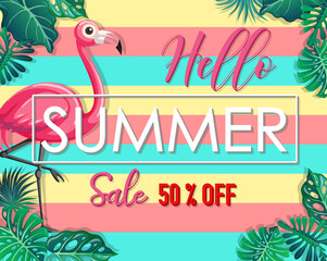 Fototapeta na wymiar Hello Summer Sale banner with tropical leaves