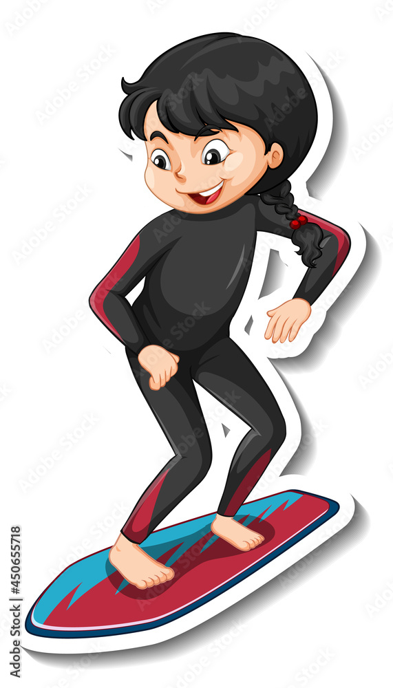 Poster sticker design with a girl on surfboard isolated