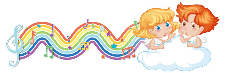 Cupid couple with melody symbols on rainbow wave