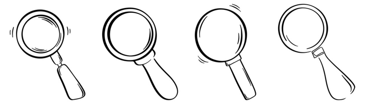 Magnifier in doodle. Magnifying glass set. Hand drawn loupe in sketch. Magnifier in cartoon style. Search symbol. Vector EPS 10