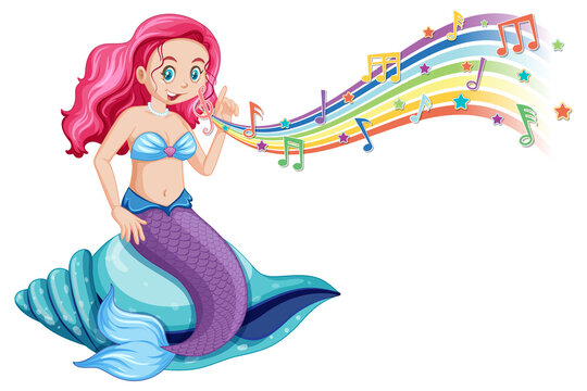 Beautiful mermaid with melody symbols on rainbow