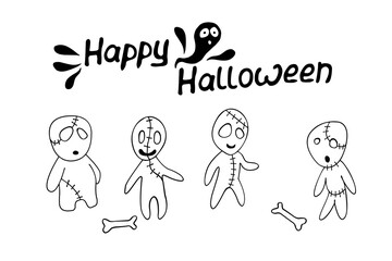 Vector cute zombies in cartoon style. Outline doodle illustration isolated on white background. Halloween elements of design