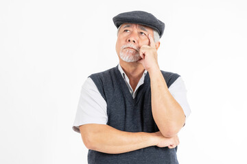 Portrait Asian senior man , old man , serious face thinking about something isolated on white background - lifestyle senior male thinking about question