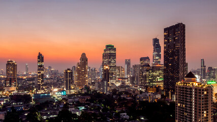 Fototapeta na wymiar Bangkok city - Aerial view of Bangkok city downtown cityscape urban skyline at night , landscape Thailand