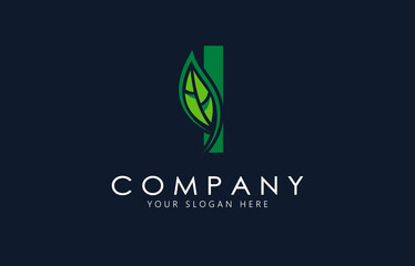 I Letter with green leaf logo template. Organic logo design.