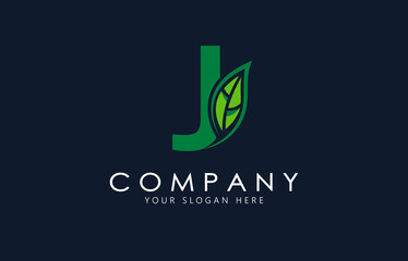 J Letter with green leaf logo template. Organic logo design.