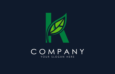 K Letter with green leaf logo template. Organic logo design.
