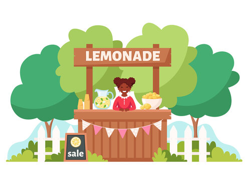 Black girl selling cold lemonade in lemonade stand. Summer cold drink. Vector illustration