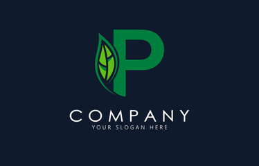 P Letter with green leaf logo template. Organic logo design.