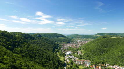 scenic landscape of a small town HonauBaden-Württemberg between green hills