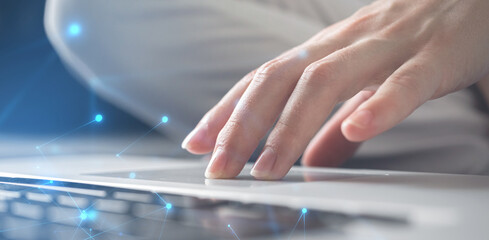 Banner businesswoman hand working on laptop keyboard. Innovation and technology, data record system, document management concept. Double exposure