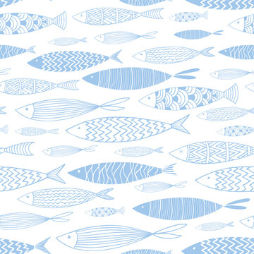 Blue fishes seamless pattern on white background