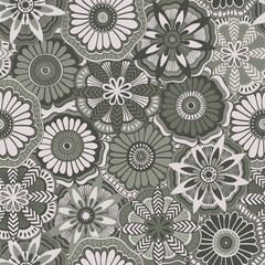 Seamless pattern with decorative flowers in gray-green colors