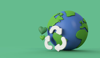 Global recycling. Earth model with a recycle symbol. 3d rendering