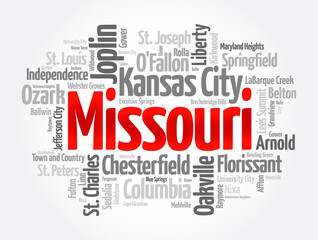 Obraz premium List of cities in Missouri USA state, word cloud concept background