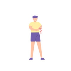 a man holds his stomach because he feels stomach pain after eating. effects of satiety, eating too much, flatulence. expression of a person in pain. flat style. vector design element
