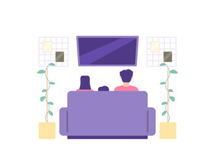 illustration of father, mother, and son sitting on the sofa while watching tv. family time, relax together, enjoy entertainment in the family room. family events. flat cartoon style. decoration