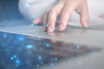 High tech concept. Woman hand working on laptop keyboard. Data record system, document management concept. Double exposure photo