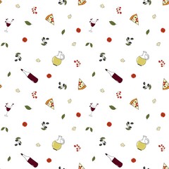 All over there is a seamless pattern with pizza, tomatoes , cheese, wine and other elements.The...