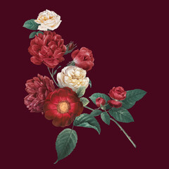 Red vector garden roses flower vintage hand drawn sticker