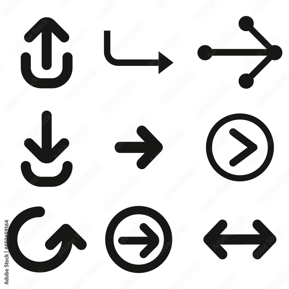 Poster Arrows vector collection with elegant style and black color. Set different arrows or web design. Arrow flat style isolated on white background