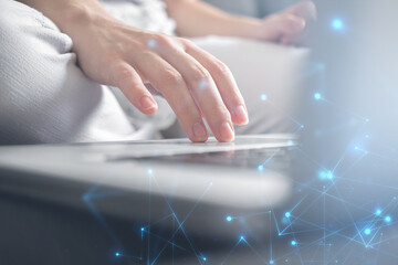 Businesswoman hand working on laptop keyboard. Innovation and technology, data record system, document management concept. Double exposure photo