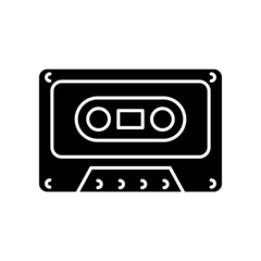 Tape cassette black glyph icon. Music and sounds storage. Vintage technology. Flat cartridge for audio recording. Collecting audiotapes. Silhouette symbol on white space. Vector isolated illustration