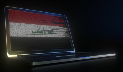 Open laptop and computer code on the screen composing flag of Iraq. Modern information technology related 3d rendering