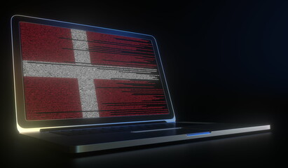 Flag of Denmark made with computer code on the laptop screen. Hacking or cybersecurity related 3d rendering