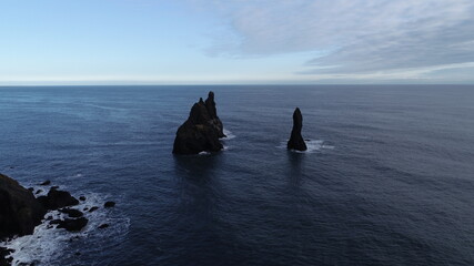 Areal view of rocks by Reynisfjara black beach in Iceland