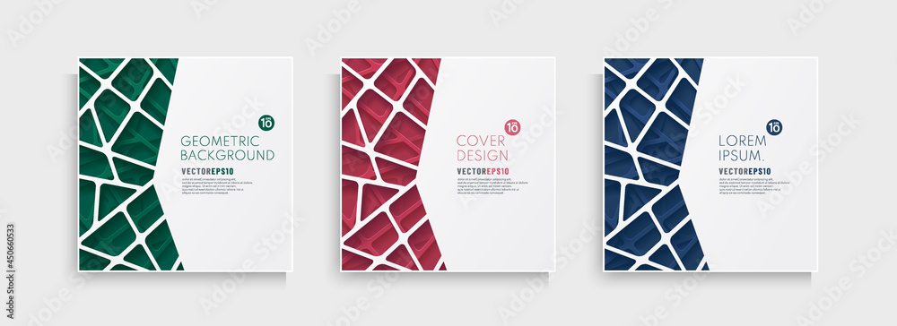 Wall mural set of abstract template white geometric lines pattern on triangle red, green and blue pattern backg