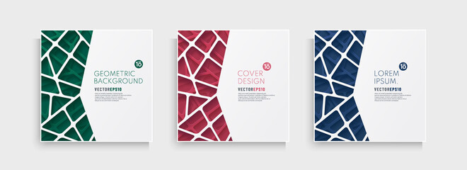 Set of abstract template white geometric lines pattern on triangle red, green and blue pattern background. Trendy color futuristic technology background design with space for text. Vector illustration