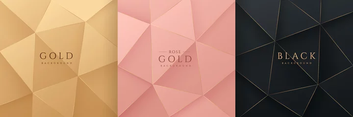 Foto op Aluminium Set of abstract 3D luxury gradient golden, Pink gold and Black low polygonal modern design. Geometric triangle pattern collection. Can use for cover, poster, banner web, flyer, Print ad. Vector EPS10 © Riseness