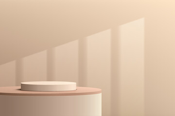 Naklejka na ściany i meble Abstract 3D beige cylinder pedestal podium with cream-brown wall scene and window lighting. Modern geometric rendering platform minimal design for cosmetic product display presentation. Vector eps10