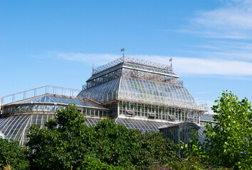 Fototapeta na wymiar Vintage glass buiding of the greenhouse. Saint Petersburg Botanical Garden.